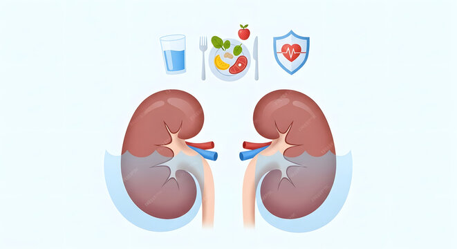 Illustration emphasizing optimal kidney health through balanced nutrition, adequate hydration, and a protective lifestyle. Essential for supporting vital organ function and overall well-being