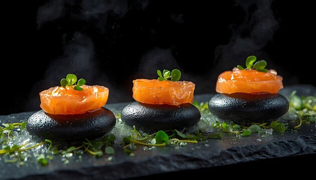 Sophisticated cured salmon amuse-bouche served on cold black river stones with sea lettuce and mist.
