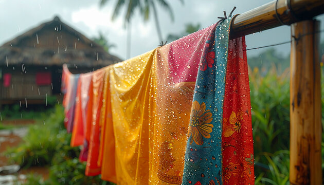 Colorful fabric drying in rain