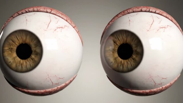 Two realistic, anatomically correct human eyeballs with distinct iris colors, featuring detailed blood vessels and sclera, presented with a subtle gradation on a smooth surface, conveying