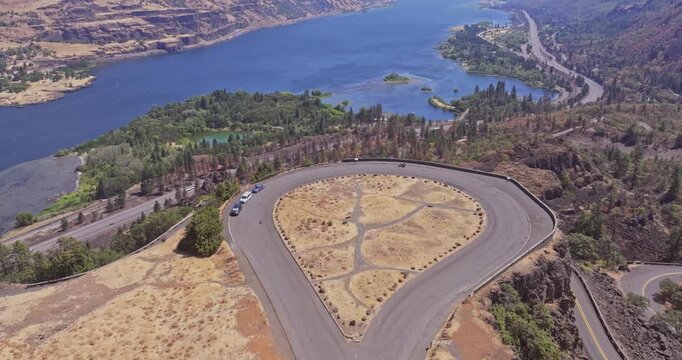 Aerial drone shot of the Rowena Crest Viewpoint in Mosier Oregon on the Columbia River Gorge National Scenic Area