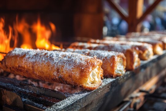 Trdeln&iacute;k chimney cakes cooking over fire with sugar