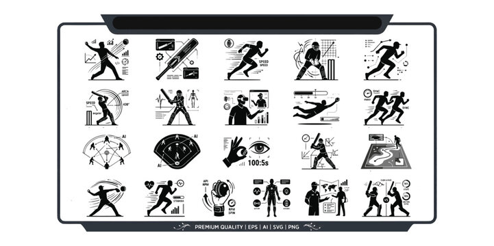 Baseball and softball training vector icons set featuring batter silhouettes pitching actions field tactics and advanced biometrics telemetry data analytics.