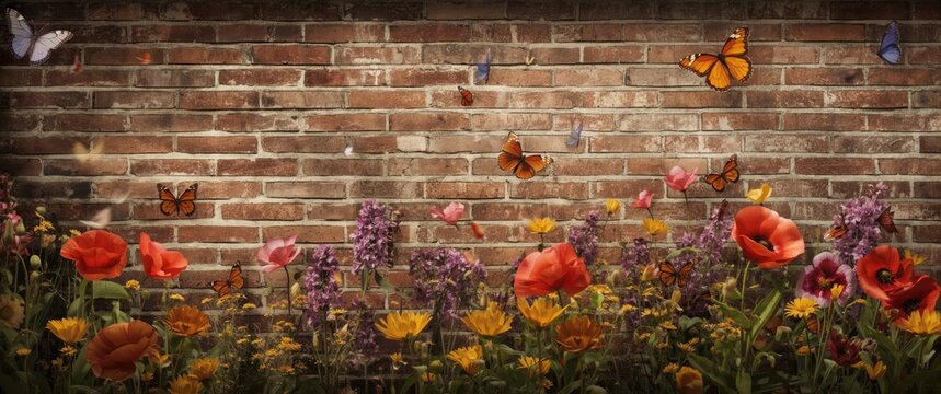 Artistic vintage brick wall featuring vibrant flowers and fluttering butterflies creating a fantasy backdrop
