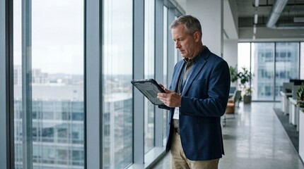 Fototapeta premium A professional man using a tablet while standing by large office windows.