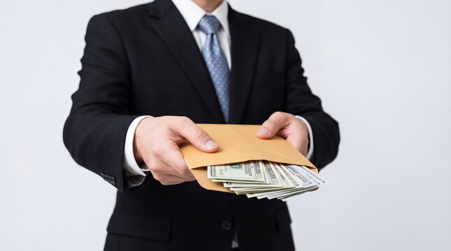 Businessman offering cash in envelope for bribery or professional payment
