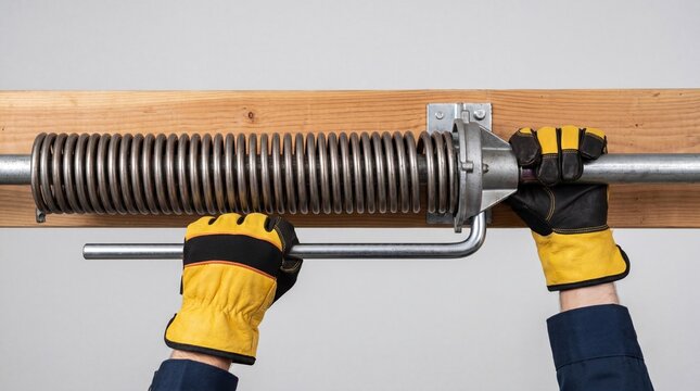 A professional worker repairing a mechanical spring with safety gloves.