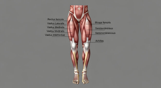 Detailed anatomical illustration of human leg muscles, highlighting major muscle groups for educational and scientific study of the lower limb's muscular structure and function