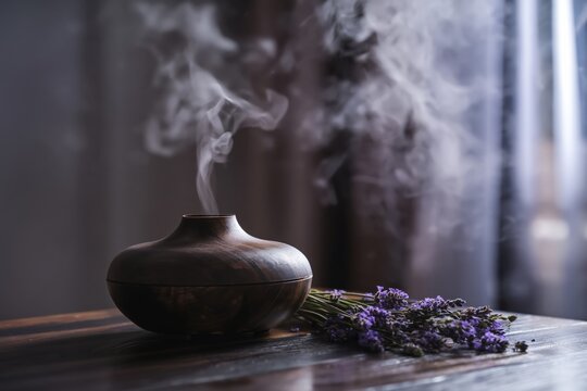 Wood essential oil diffuser diffusing aromatherapy steam with lavender
