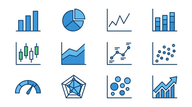 Collection of blue hand-drawn charts and graphs icons.