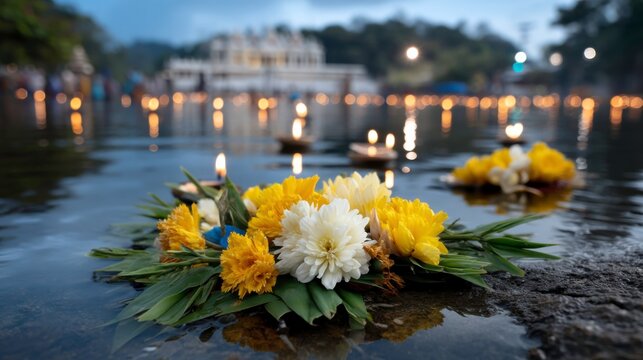 Candlelit floral offerings at a serene lake cultural festival evening tranquil atmosphere reflective viewpoint