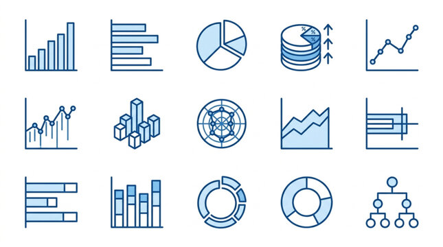 Collection of blue infographic charts and graphs icons.