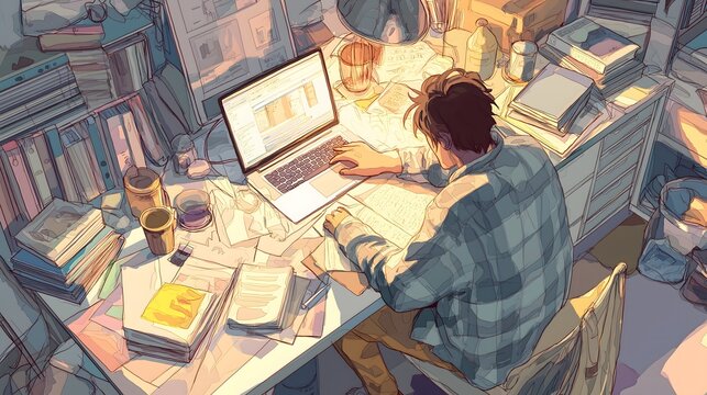 freelancer working from home, cluttered desk, casual clothes