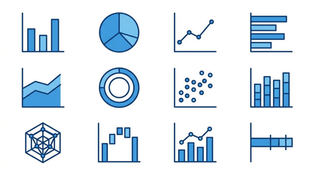 Collection of blue data charts and graphs icons.