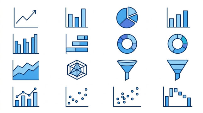 Collection of blue data visualization charts and graphs icons.