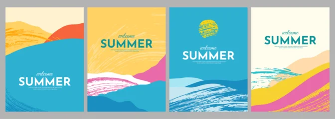 Vector illustration. Minimalist nature posters of beach, seascape, ocean waves. Hand drawn landscapes with textured colorful brush strokes. Design elements for poster, book or magazine cover, postcard © VVadi4ka
