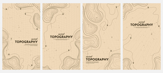 Vector illustration. Vertical topographic map patterns. Minimalist contour lines on old paper style background. Abstract, organic terrain shapes for modern design layouts, flyers, leaflets, vouchers © VVadi4ka
