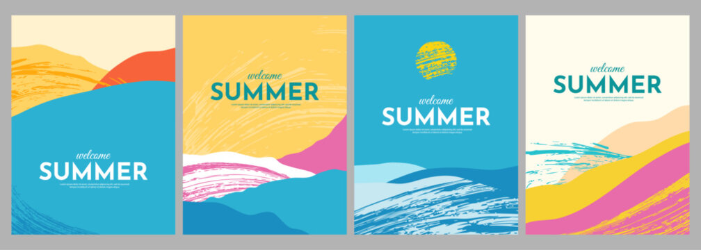Vector illustration. Minimalist nature posters of beach, seascape, ocean waves. Hand drawn landscapes with textured colorful brush strokes. Design elements for poster, book or magazine cover, postcard