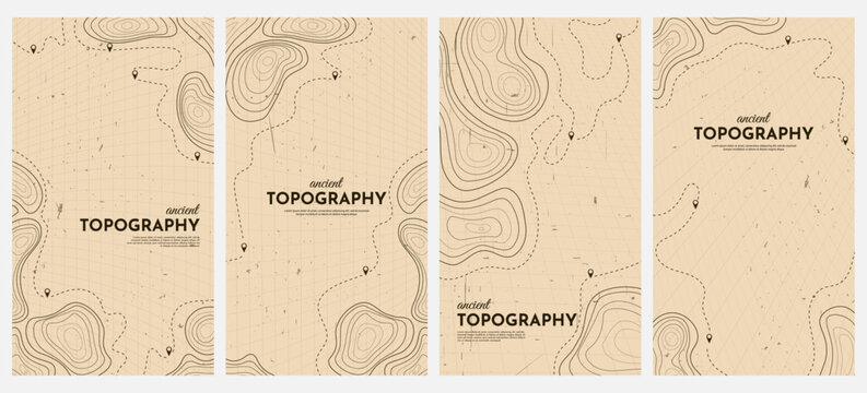 Vector illustration. Vertical topographic map patterns. Minimalist contour lines on old paper style background. Abstract, organic terrain shapes for modern design layouts, flyers, leaflets, vouchers