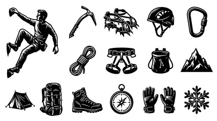 Fototapeta premium Climbing and Mountaineering Outdoor Adventure Gear Icons Set in Black and White Line Art Style