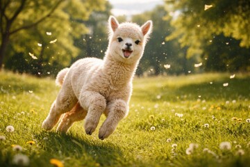 Fototapeta premium Playful alpaca romping on a blustery summer lawn