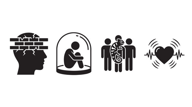 Psychological Defense Mechanisms and Mental Health Concept Icon Set Black Solid Vector Isolated Icons for Psychology Emotional Barrier Isolation Chameleon Heartbeat