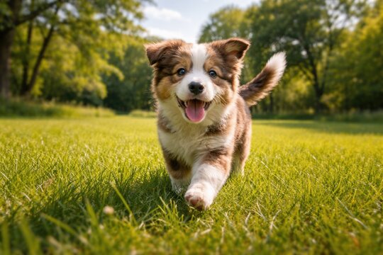 Playful pet exploring the wide green grass lawn with a full length perspective on a clear summer day