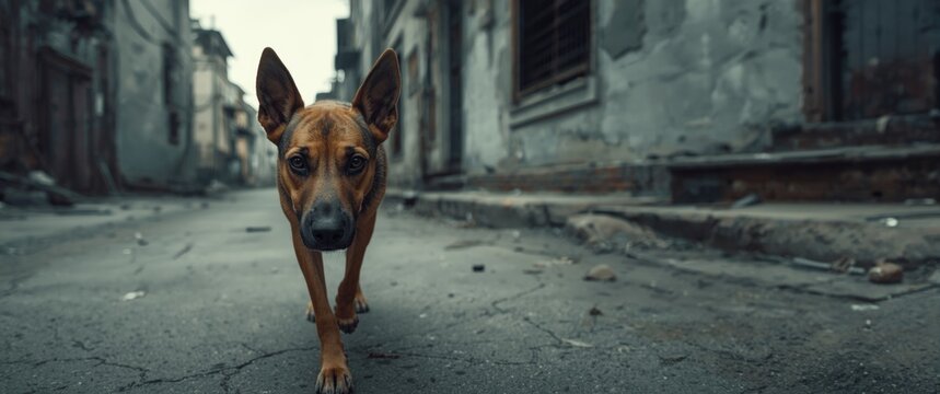 Alert dog navigating through an impoverished urban district