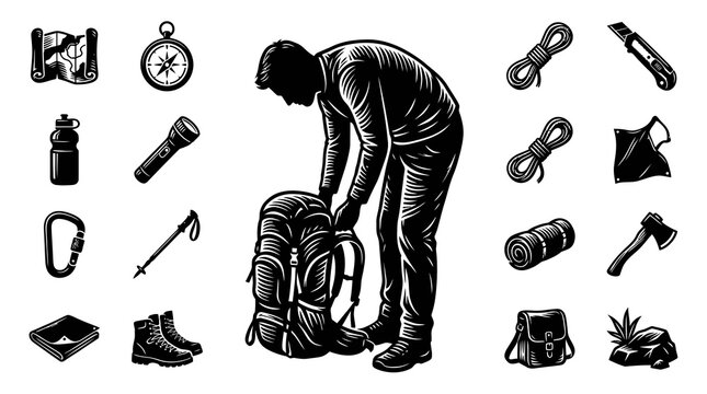 Black  White Line Art Vector of Hiker with Backpack and Camping Gear