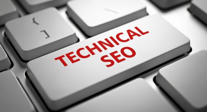 Close-up of a computer keyboard with a prominent 'TECHNICAL SEO' key, representing digital marketing and search engine optimization strategies