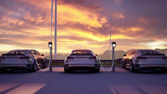A row of electric sedans charge at a futuristic station while a wind turbine spins against a golden sunset. Clean energy concept animation.