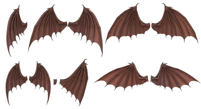 six isolated brown dragon wings sets various angles against a plain white background ready for digital design and manipulation