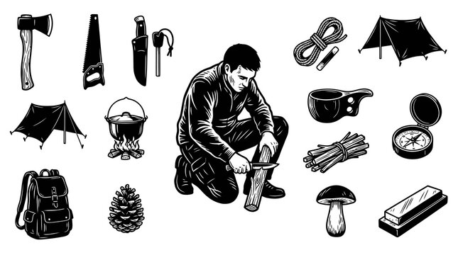 Bushcraft Survival Camping Gear Black and White Line Art Set. Outdoor Tools  Man Whittling Wood Vintage Illustration