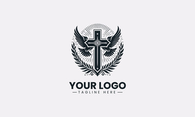 Obraz premium Christian cross with doves and wreath silhouette clean minimalist black vector logo