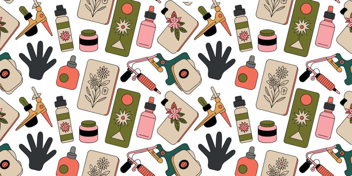 Seamless pattern of professional tattoo studio equipment featuring tattoo machines ink bottles gloves and floral sketch flashes for creative artistic backgrounds