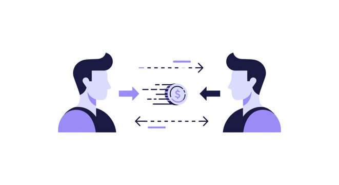 Peer-to-Peer Money Transfer and Digital Payment Concept Illustration with People and Dollar Coin