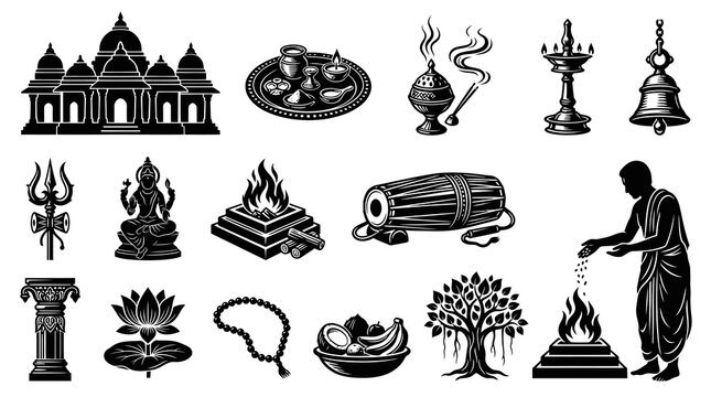 Hindu Religious Icons Set: Temple, Deity, Rituals, Symbols, Black and White Glyph Art