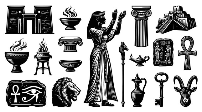 Egyptian Hieroglyphics and Symbols Black and White Vector Art