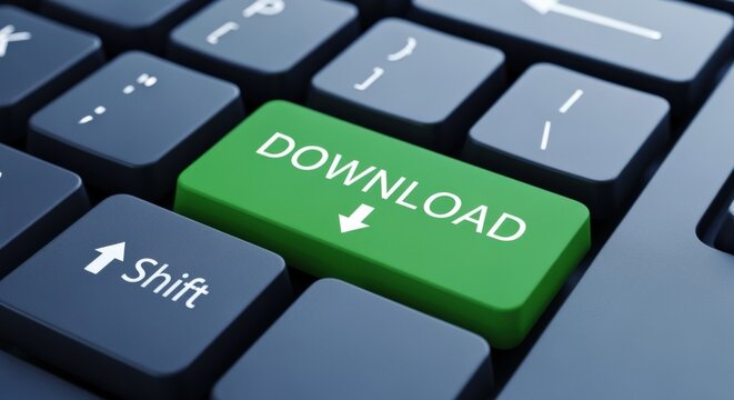 Close-up of a green computer keyboard key with the word DOWNLOAD and an arrow icon, symbolizing digital access and online transfer
