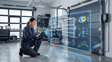 Fototapeta premium A technician analyzes data using advanced holographic displays in a modern workspace.