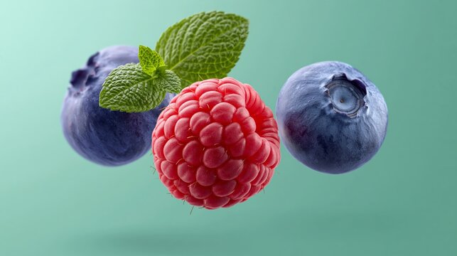 Fresh raspberries and blueberries with mint leaves floating against a soft green background, showcasing vibrant colors and textures of the fruits