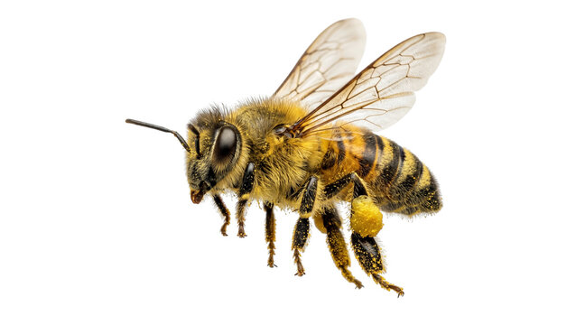 Honey bee worker carrying yellow pollen basket on legs macro profile view isolated on transparent background showing hairy body and transparent wings for agricultural research graphics