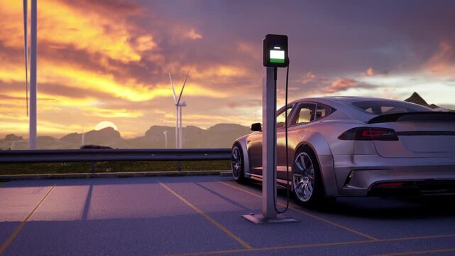 A lone electric car charges at a smart charging pole with wind turbines glowing in the sunset. Ideal for sustainability presentations.