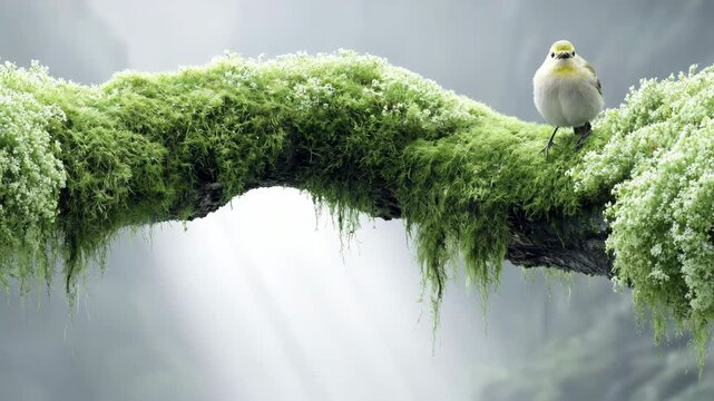 Slow motion static shot of small songbird hopping and turning on mossy branch in misty woodland morning