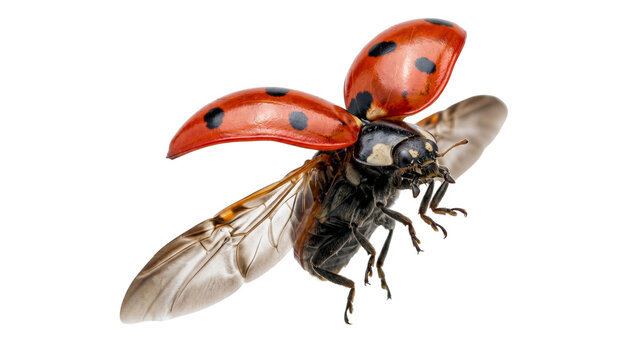 Flying ladybug isolated on transparent background detailed macro photography of coccinellidae beetle with red wings open in mid flight showcasing intricate anatomy and natural insect beauty close up