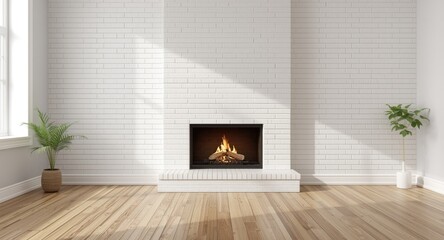 Fototapeta premium Bright living room interior with gas fireplace on white brick wall and copy space