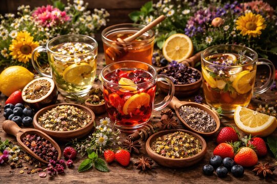 Variety of stress relieving teas with natural fruits flowers and wooden elements