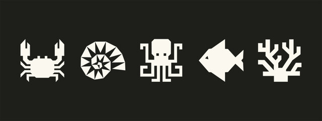 Minimalist Sea Life Icon Set with Crab Shell Octopus Fish and Coral Geometric Style © thetwelvesense