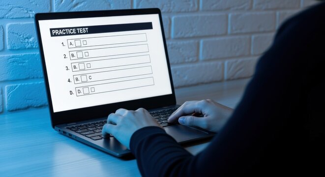 Person taking an online practice test on a laptop computer, focused on digital learning and assessment