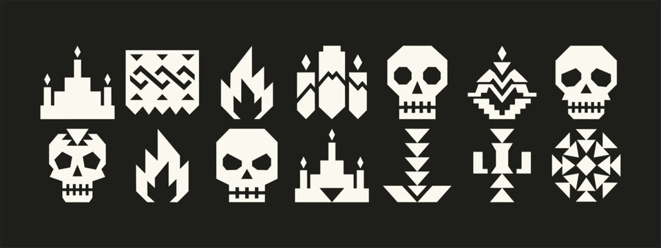 Geometric skull icons fire symbols and candle elements set on black background